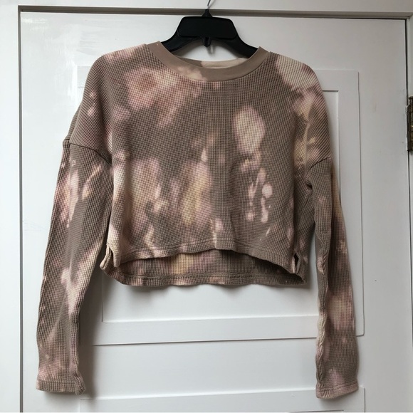 Onia waffle weave tie dye crop crew neck long sleeve stretchy cafe au lait S/P - Picture 1 of 7